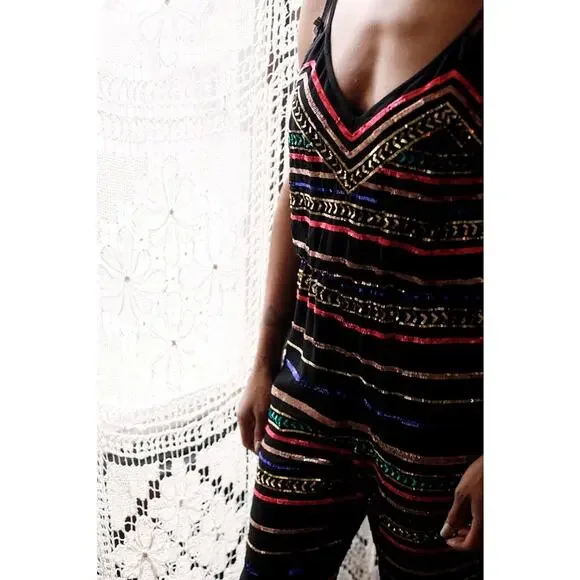 Mara Hoffman Sequin Striped Georgette Spaghetti Strap Jumpsuit black size XS - Picture 5 of 13